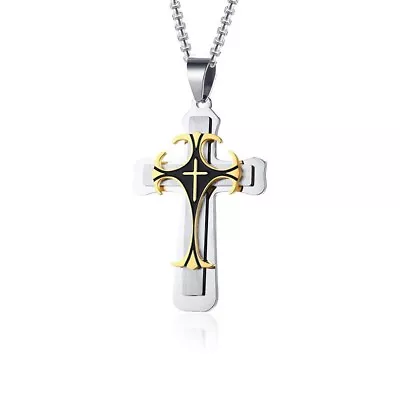 Silver Stainless Steel Black Cross Pendant Mens Women Chain Necklace Crucifix UK • £3.99