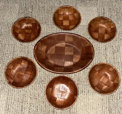 Vintage Wooden Bamboo Woven Salad Set 7 Piece Large 12x9 Oval With 6 Bowls • $24.99