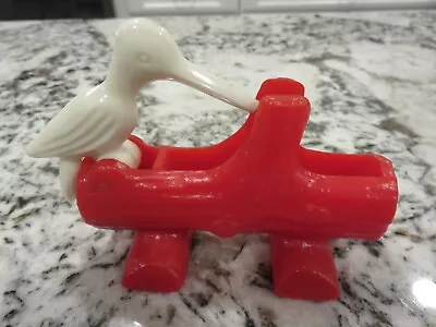 Vintage Plastic White Wood Pecker On Red Log Toothpick Holder Dispenser • $11.99