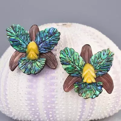 Pair Orchid Flowers Carved Abalone Shell Black & Golden Mother-of-Pearl 6.30 G • $54