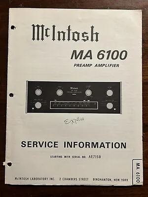 McIntosh MA6100 Preamp Amplifier Amp Service Information Manual Original AE7150 • $29.99