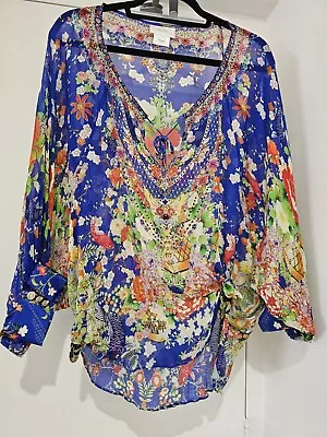 Camilla Long Sleeved Silk Beaded Top One Size  Playing Koi  Tie Front • $149.99