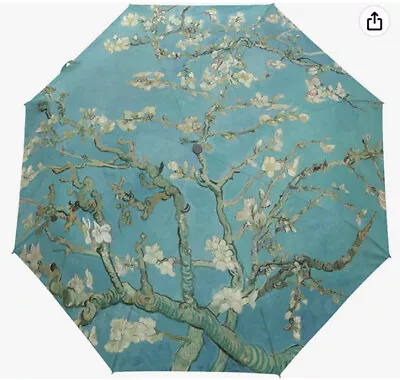 Almond Blossoms Van Gogh Print Compact Travel Umbrella Black Blue Rain Caper • $29.99