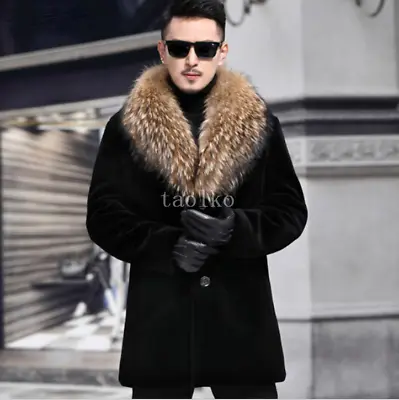 Men Faux Raccoon Fur Lapel Collar Mid Long Coat Jacket Outwear Parka Overcoat XL • $120.79