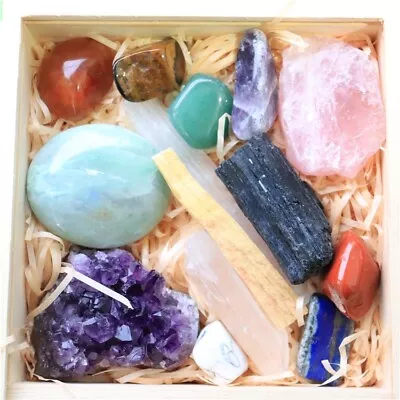 Luxury 14 Piece Healing Crystal Stones In Wooden Box Gift Set. Chakra Crystals. • £29.99