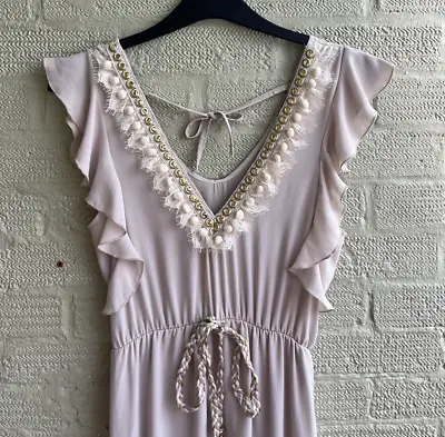 Laura Jane Paris Dress Sz S Maxi Chiffon Boho Embellished Cream Beige High Low • £16