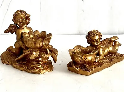 Vintage Gold Painted Cherub Angels Resin Taper Candle Holders Pair 4”x2”. Each • $17