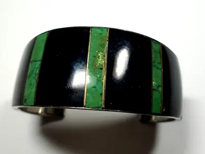 Vintage Silver Color & Enamel VERY SMALL 2  Green & Black STRIPED CUFF Bracelet • $12.99