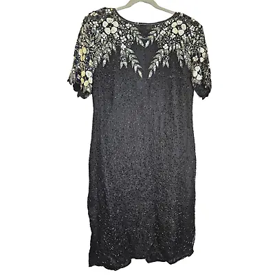 Vintage 80s 14 Black Silk Fully Beaded Sheath Dress Glam Floral Cut Out Formal • $52