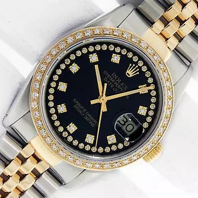 Rolex Mens DateJust 36 Black Diamond Watch Steel & 18k Yellow Gold Diamond Bezel • $7000