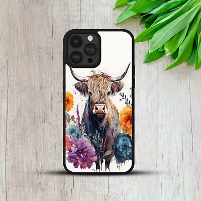 Highland Cow Watercolour Floral Gift Phone Case Cover For Iphone Samsung Huawei • £7.99