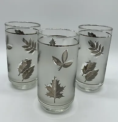 VINTAGE MCM LIBBEY FROSTED SILVER Foliage GLASSES 12 Oz SET OF 3 EUC • $18.99