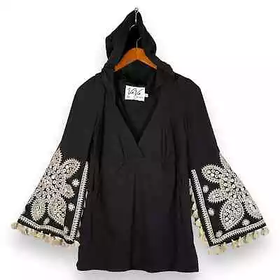 Vintage VaVa Joy Han Black Embroidered Hooded Boho Bell Sleeve Hoodie Sz M • $60