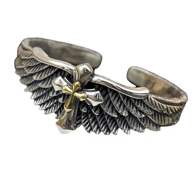 Real Solid 925 Sterling Silver Punk Cuff Bracelet Wings Cross Viking Open Bangle • $126.60