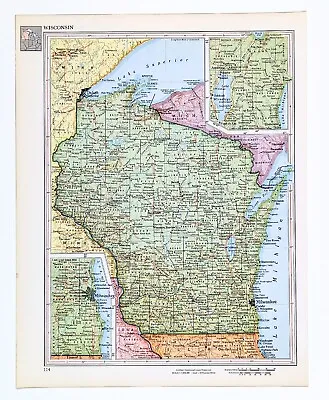 1956 Map WISCONSIN Milwaukee Green Bay Appleton Madison Eau Claire Lake Superior • $48