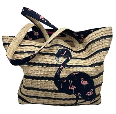 Vera Bradley Flamingo Tote Large Bag Straw Beach Sand Filter Zip Base Pink Blue • $24.69
