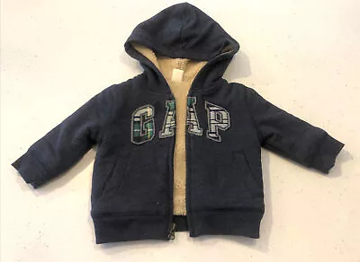 Baby Gap Fur Teddy Hoodie Hooded Jacket Zip Up Top Blue 6-12 Months 1 Year Boys • £7.95