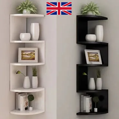 5 Tiers Floating Wall Shelves Corner Shelf Storage Wood Display Bookcase Unit • £14.59