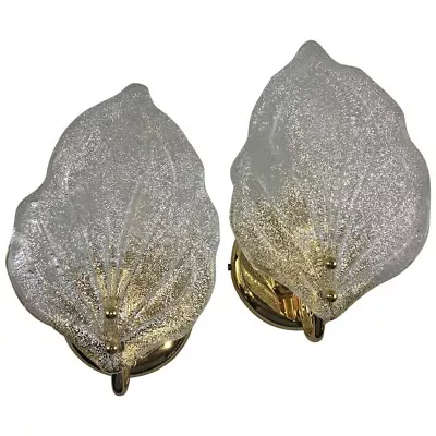 1960s Pair Of Italian Gold Plated Brass & Murano Glass Leaf Wall Sconces • $711.55