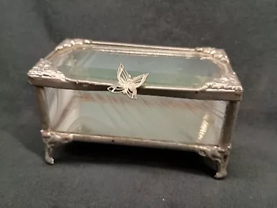 Vintage Glass Trinket Jewelry Box With Butterfly Soldered Metal • $9.99