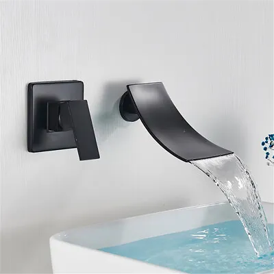 Black Waterfall Spout Basin Taps 2 Holes Wall Mounted Bathroom Sink Mixer Taps • £32