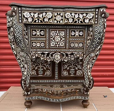 Vintage Syrian Moroccan Hand Carved Console Table Wood Mother Of Pearl Inlaid • $1755.60