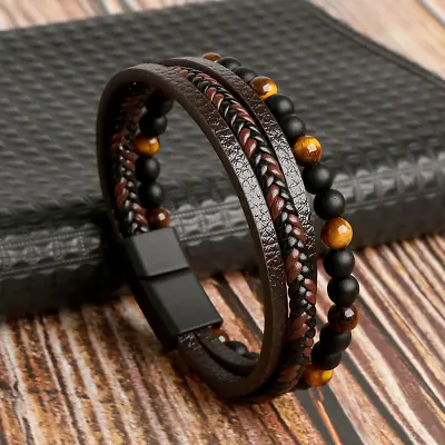 Men's Leather Beaded Bracelet Natural Stone Tiger Eye Black Onyx - Choose Any • $8.99