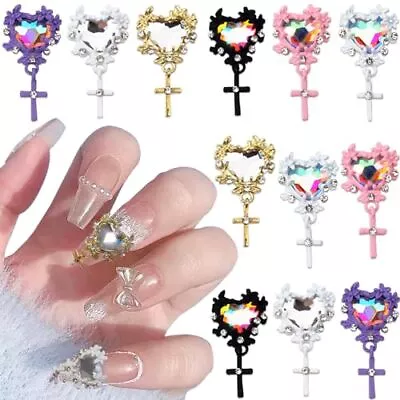 12 PCS Heart Rhinestones Cross Pendant Nail Charms3D Luxury Alloy Heart Nail  • $16.18