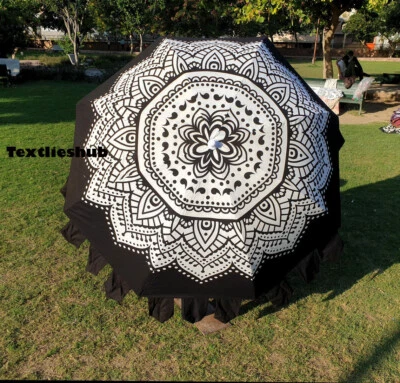 $162.47 • Buy Black Ombre Indian Mandala Garden Umbrella Round Patio Sun Shade Beach Parasols