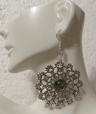 Silver Tone Filigree Flower Medallion Dangle Mood Bead Center 2  Hook Earrings • $8.29