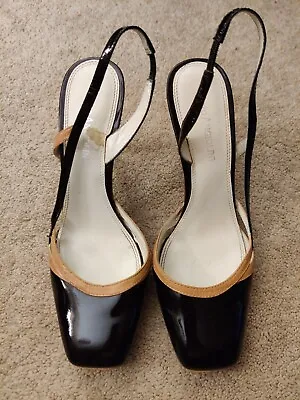 Women's 6.5 Enzo Angiolini Brown Patent & Tan Leather Sling Back Heels • $4.99