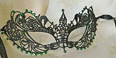 Black Masquerade Mask Lace Emerald Green Diamante Halloween Masked Balls Party • £12.95