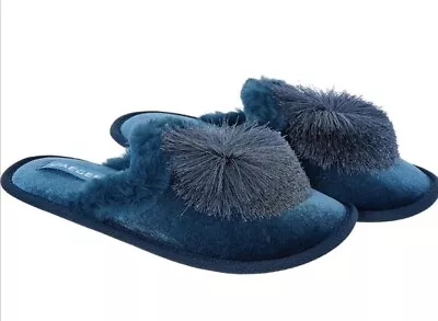 JAEGER Blue Pom Pom Velvet Slippers Size 7-8 Worn Once  • £22