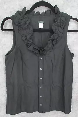 J. Crew Women's Top 4 V-Neck Ruffle Sleeveless Blouse Button Up Silk Black Tank • $11.20