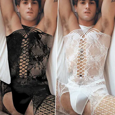 Sexy Lace Breathable Gay Sissy Mesh Fishnet Bodystocking Bodysuit Lingerie USA • $10.99