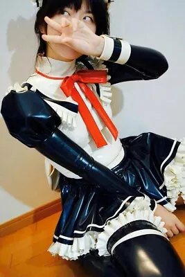 Latex Catsuit Rubber Maid Uniform Dress Black With Warm White Trim Tights Suit • £198