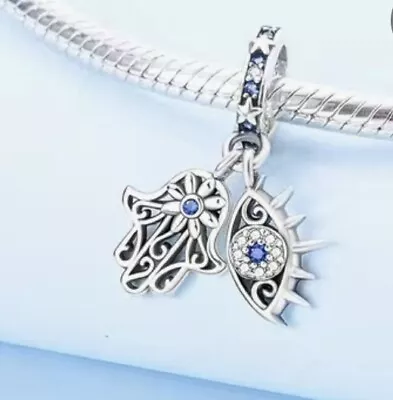 Hamsa Hand Palm Evil Eye Crystal Luck Fatima Charm Bead Sterling Silver 925 • £11