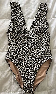 J. Crew Leopard One Piece Swimsuit Sz Large  V-Neck Cream Tan Black Bathing Suit • $25