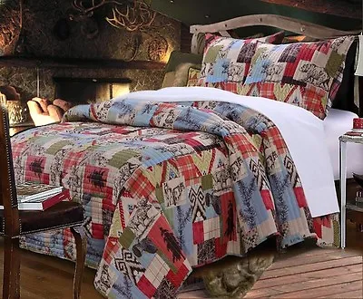 RUSTIC LODGE Full Queen QUILT SET: RED PLAID REVERSIBLE WESTERN CABIN BEAR MOOSE • $79.95