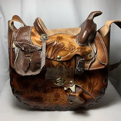 Vintage Saddle Purse Tooled Brown Leather Western Rodeo Horses • $159.95