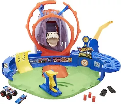 Hot Wheels Monster Trucks T-Rex Volcano Arena Playset W/ 1 Toy Truck & 1 Toy Car • $55