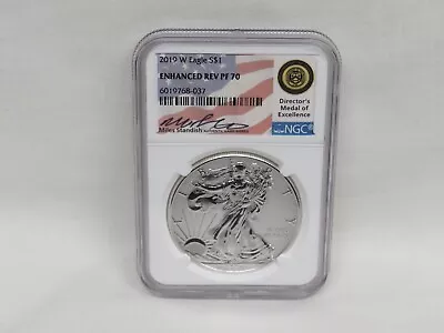 2019-W NGC Enhanced Rev PF 70 Silver Eagle Miles Standish Autographed 33352-11 • $198.75