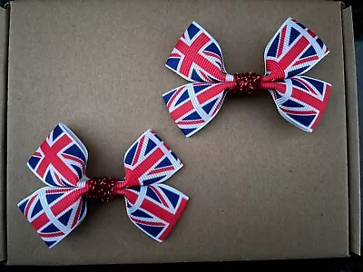 Union Jack - Hair Bow Clips (2) HANDMADE Girls Hair Accessories Character Bows • £1.70