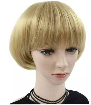 Blonde Wig Bowl Cut Short Bob Hair Style Mushroom Head Women Girl Cap • $10.99