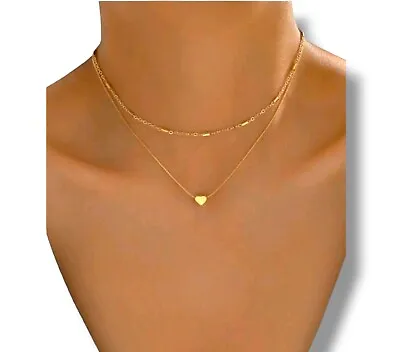 Double Layer Heart Necklace Chain Multilayer Choker Pendant Gold UK Mother's Day • £3.09