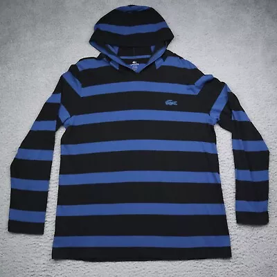 Lacoste T Shirt Mens Size 7 Blue Black Stripe Casual Hoodie Pullover Long Sleeve • $29.99