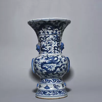 13.8  Old Antique Ming Dynasty Porcelain Wanli Mark Blue White Cloud Dragon Vase • $705.50