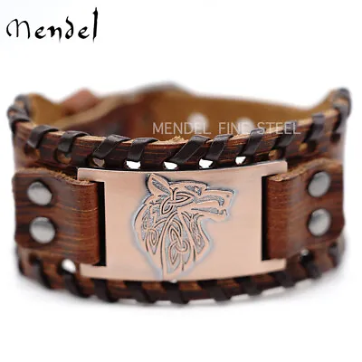 MENDEL Mens Norse Viking Leather Fenrir Wolf Head Bracelet Wristband For Men • $12.99