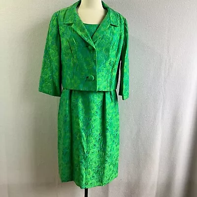 Vintage 1950s 1960s Green Brocade Wiggle Dress With Jacket Medium • $74.99