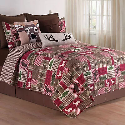 Happy Camper Deer Moose Brown Red Cabin Lodge King 3 Piece Quilt Set 108  X • $149.99